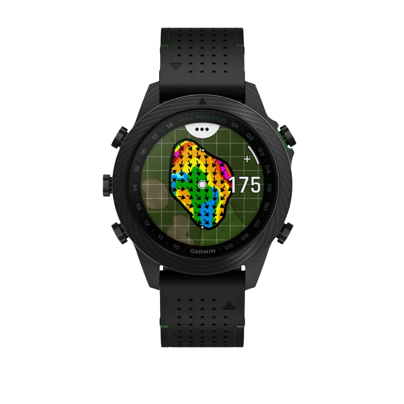 Garmin MARQ Golfer Gen 2 Carbon Edition smart watch with black case and perforated black strap