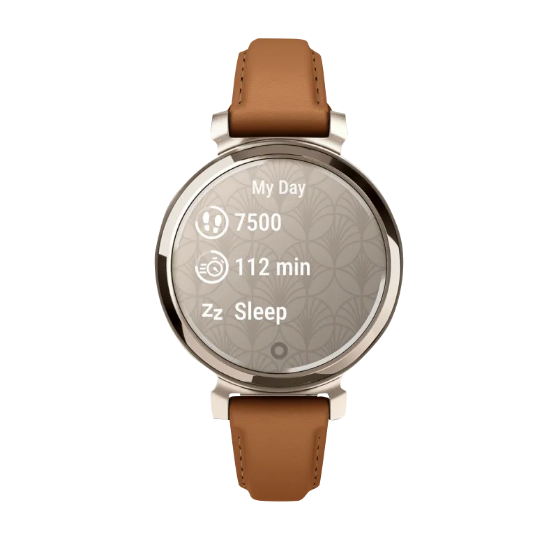Garmin Lily 2 Classic smartwatch, cream gold case with tan leather band, Garmin Certified Refurbished