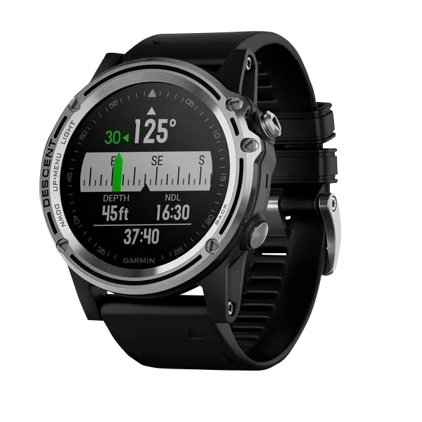 Garmin Descent Mk1 dive computer smartwatch with silver case and black band, marine navigation for divers, GPS-enabled