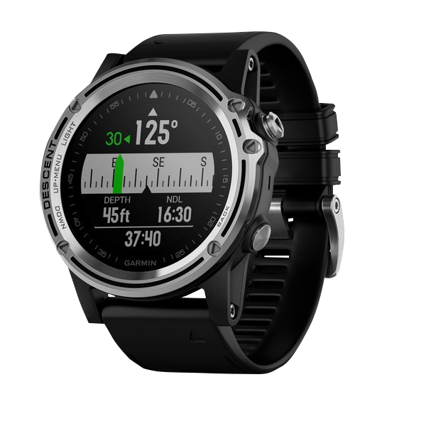 Garmin Descent Mk1 dive computer smartwatch with silver case and black band, marine navigation for divers, GPS-enabled