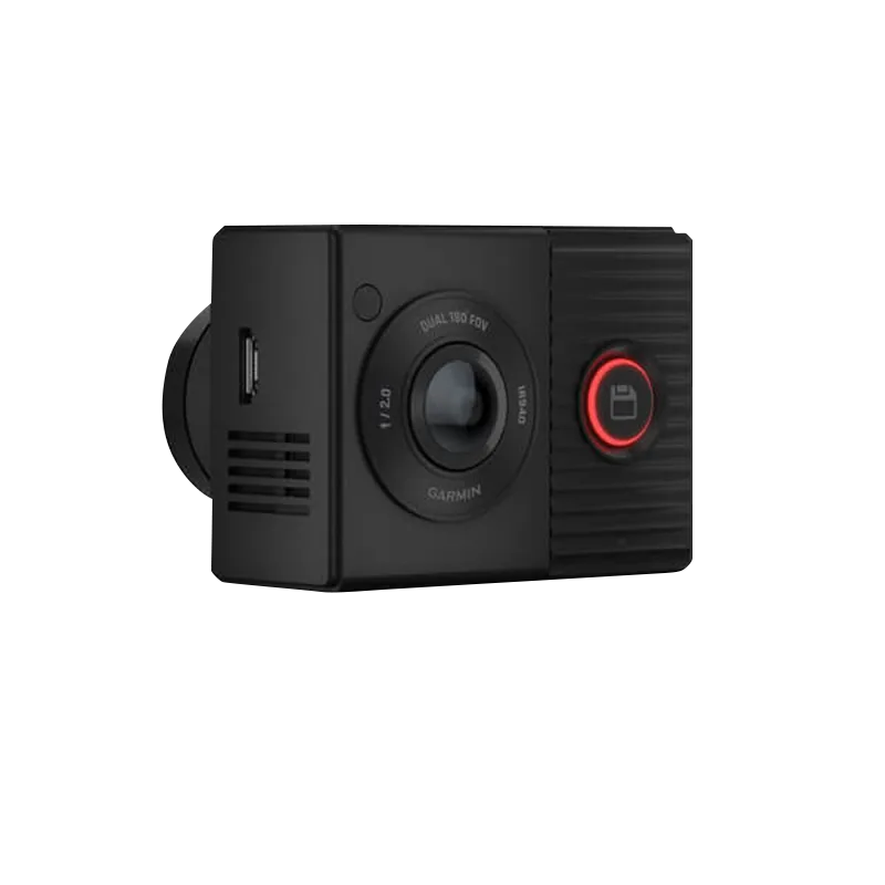 Garmin Dash Cam Tandem dual-lens camera with two 180-degree lenses, certified refurbished, black body.