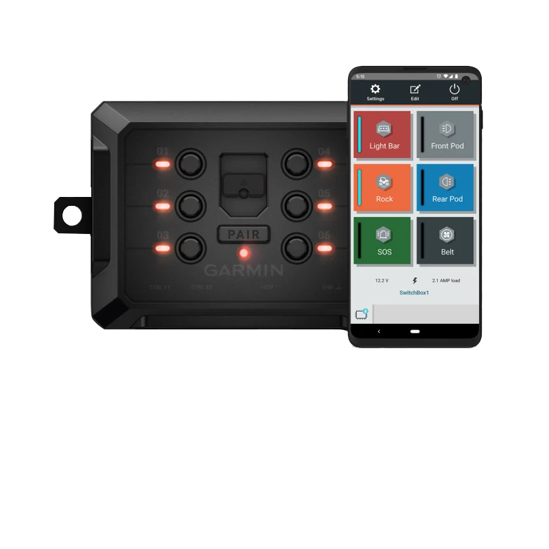 Garmin PowerSwitch certified refurbished power switch panel and smartphone (2 devices shown)