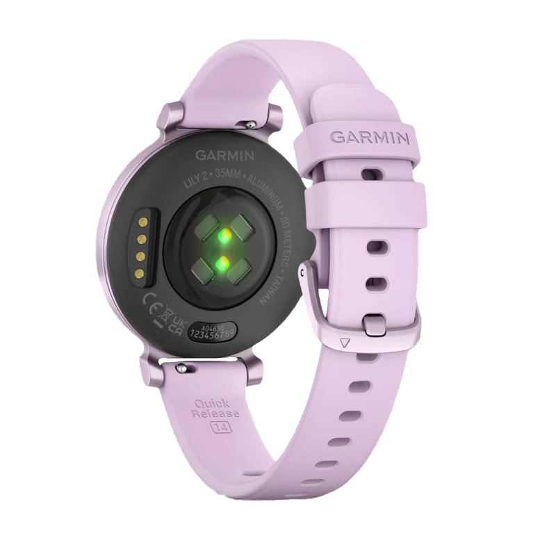 Garmin Lily 2 smartwatch in metallic lilac with lilac silicone band, Garmin certified refurbished