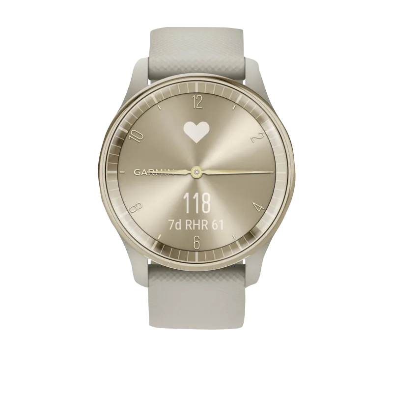 Garmin Vívomove Trend watch, cream dial, gold bezel, French gray case with silicone band, Garmin Certified Refurbished