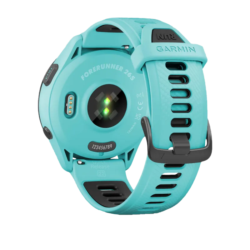 Garmin Forerunner 265 smart watch, 46mm aqua case with aqua/black silicone band, back view