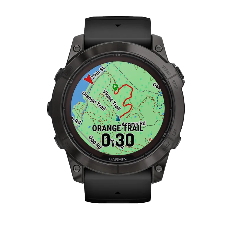 Garmin Fenix 7X Pro Sapphire Solar smartwatch with black band, carbon gray titanium bezel, map display