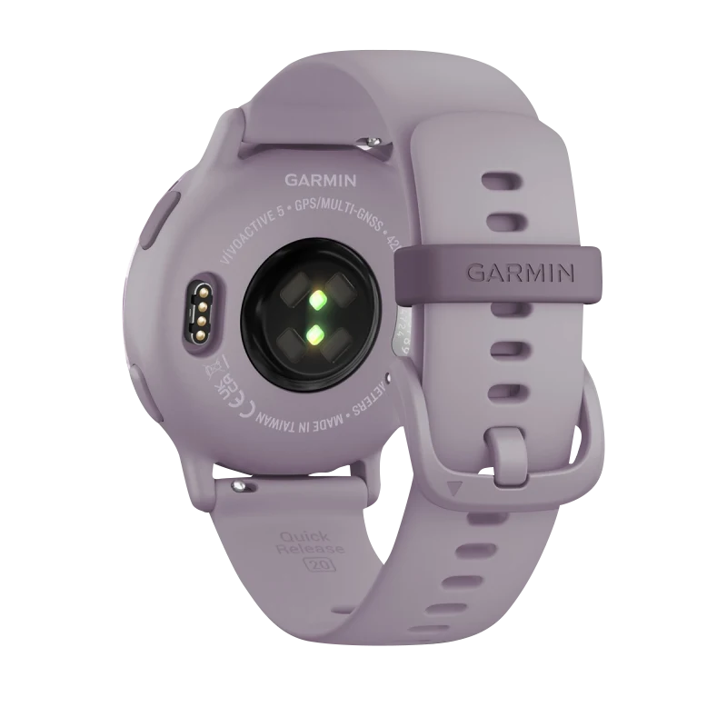 Garmin Vivoactive 5 smartwatch with metallic orchid aluminum bezel and orchid silicone band