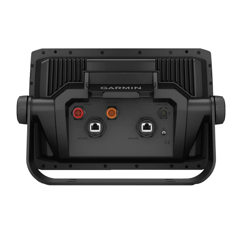 Garmin ECHOMAP Ultra 2 10-inch chartplotter back view, black body with power and network ports