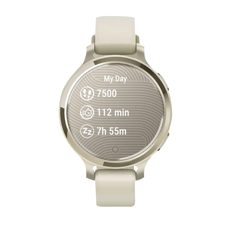 Garmin Lily 2 Active smartwatch in Lunar Gold with bone silicone band, round-face, certified refurbished