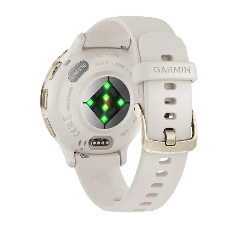 Garmin Venu 3S smart watch, 41 mm ivory silicone band with soft gold stainless steel bezel, back view with pulse sensor