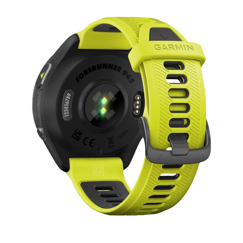 Garmin Forerunner 965 smartwatch with carbon gray DLC titanium bezel, black case and amp yellow/black silicone band