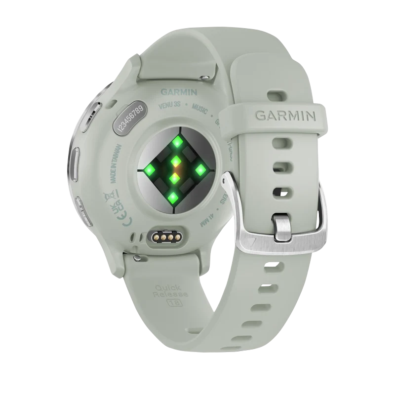 Garmin Venu 3S smartwatch, 41 mm with silver stainless steel bezel and sage gray silicone band