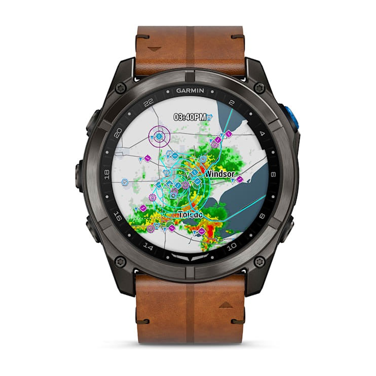 Garmin D2 Mach 2 Pro carbon gray DLC titanium smartwatch with chestnut leather band