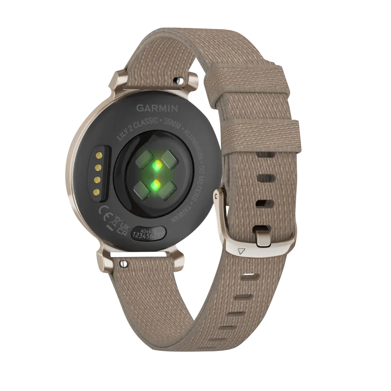 Garmin Lily 2 Classic smartwatch with cream gold case and coffee nylon band, certified refurbished