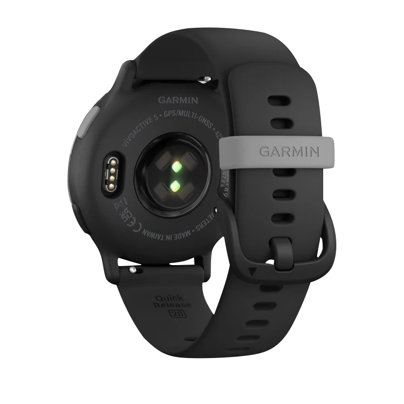Garmin Vivoactive 5 smartwatch with slate aluminum bezel and black silicone band