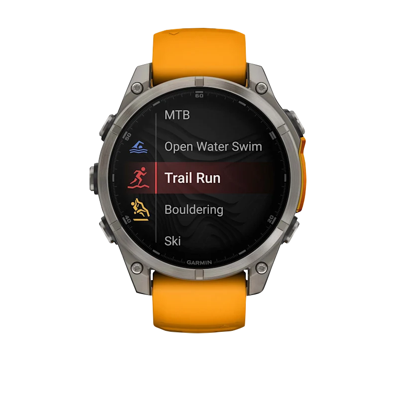 Garmin Fenix 8 smartwatch, 47 mm AMOLED Sapphire display, titanium body with Spark Orange/Graphite silicone band