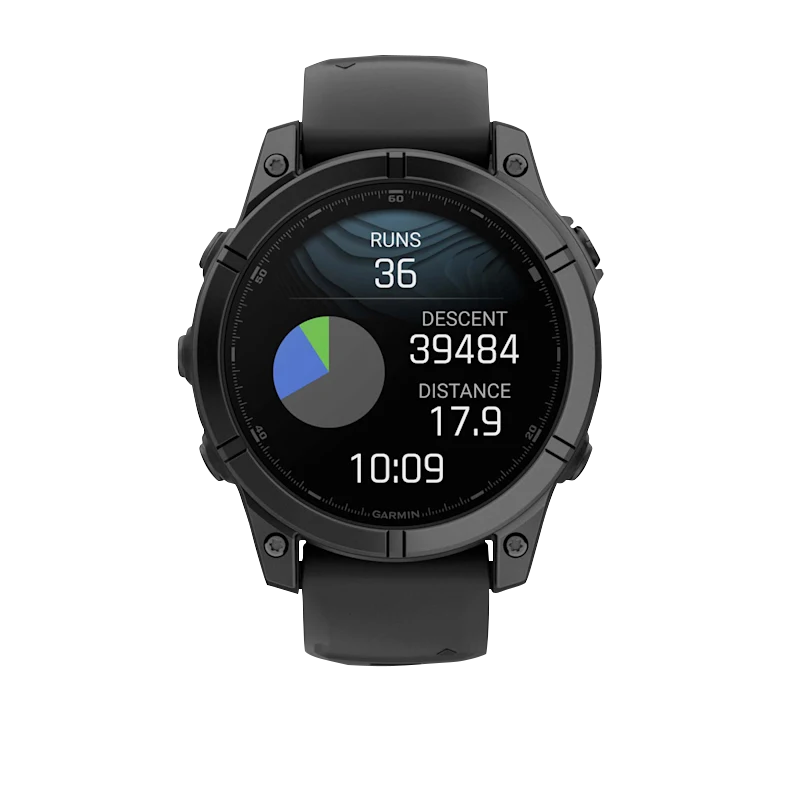 Garmin Fenix E 47 mm AMOLED smartwatch with slate gray steel case and black silicone band.