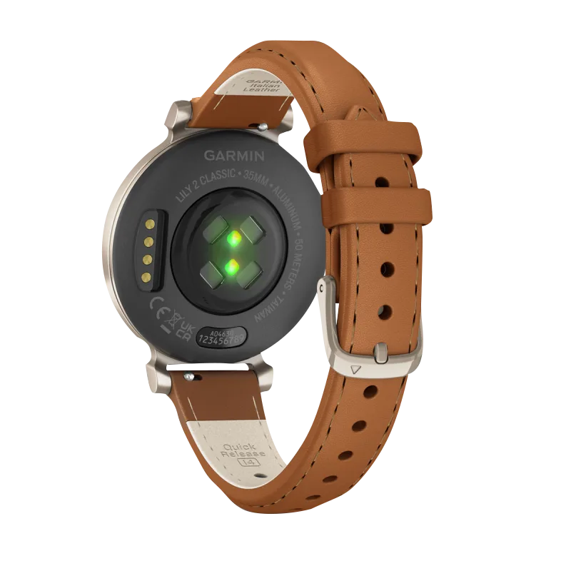 Garmin Lily 2 Classic smartwatch, cream gold 34mm aluminium case with tan leather band, Garmin Certified Refurbished