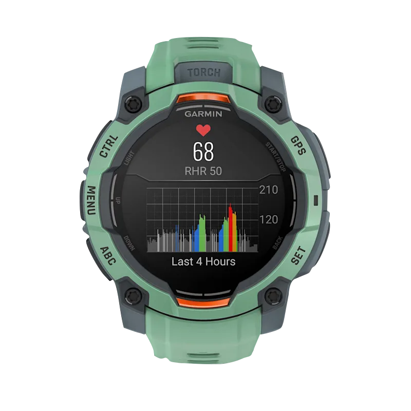 Garmin Instinct 3 AMOLED smartwatch, 45mm Neo Tropic with Neo Tropic Band, green/grey rugged design