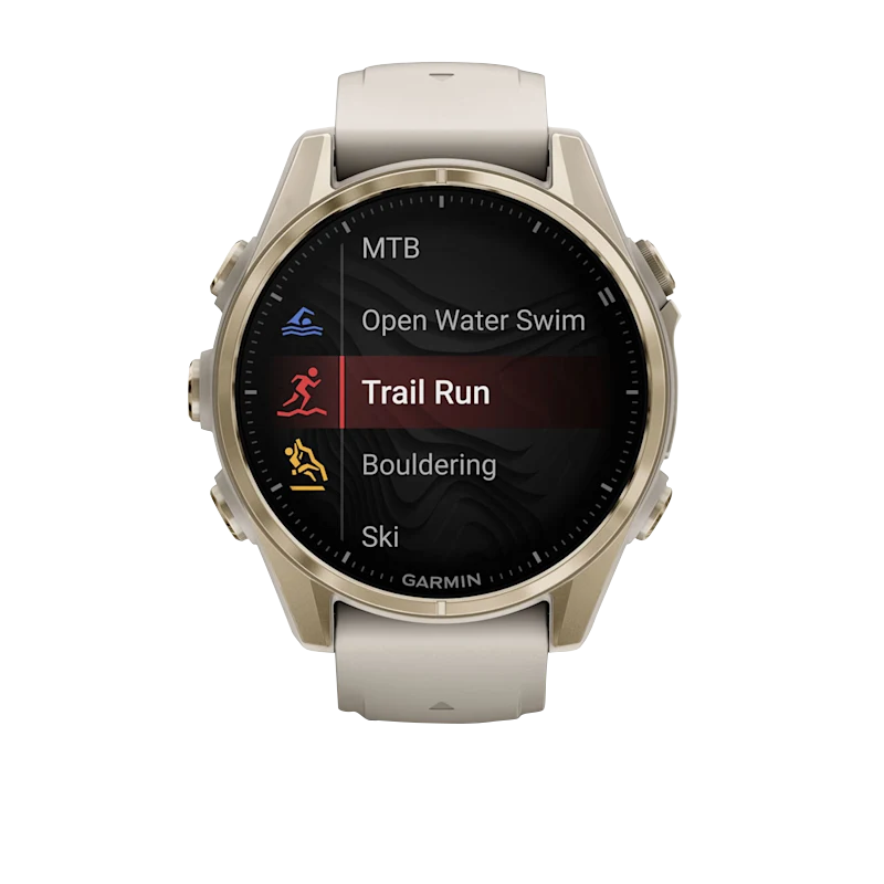 Garmin Fenix 8 smartwatch, 43 mm AMOLED Sapphire, Soft Gold with Fog Gray/Dark Sandstone silicone band