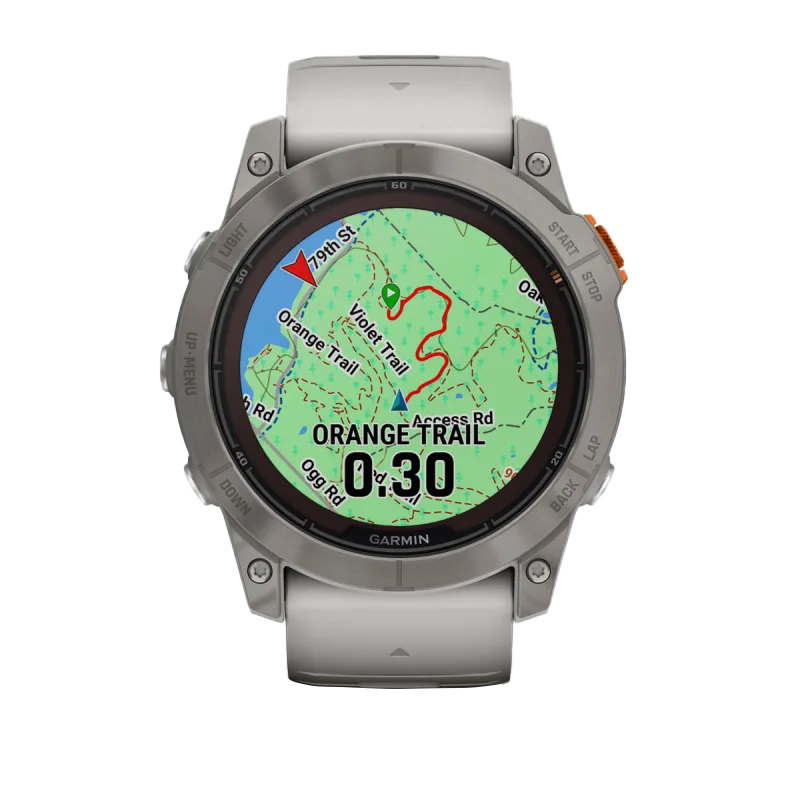 Garmin Fenix 7X Pro Titanium Sapphire Solar Edition smartwatch with fog gray body and ember orange band