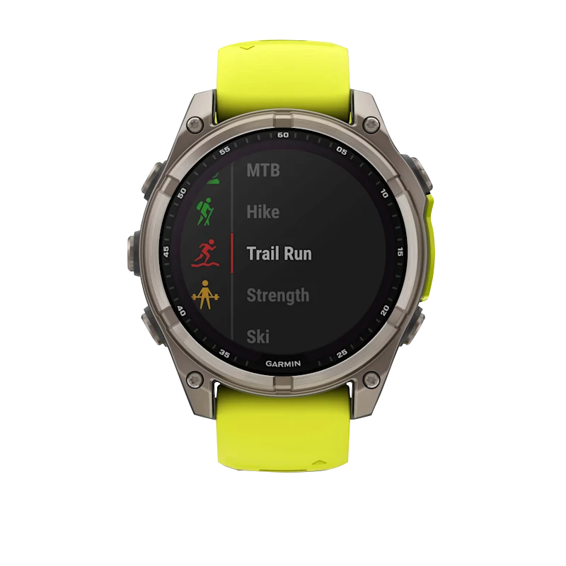 Garmin Fenix 8 smartwatch, 51mm titanium case, neon yellow silicone band, Solar Sapphire edition (010-02907-20).