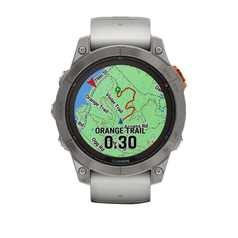 Garmin Fēnix 7 Pro Sapphire Solar smartwatch with titanium case and Fog Gray/Ember Orange band