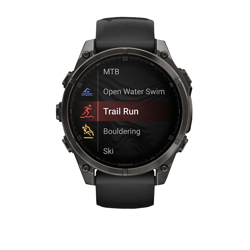 Garmin Fenix 8 smartwatch, 51mm AMOLED Sapphire, carbon gray DLC titanium case with black/pebble gray silicone band