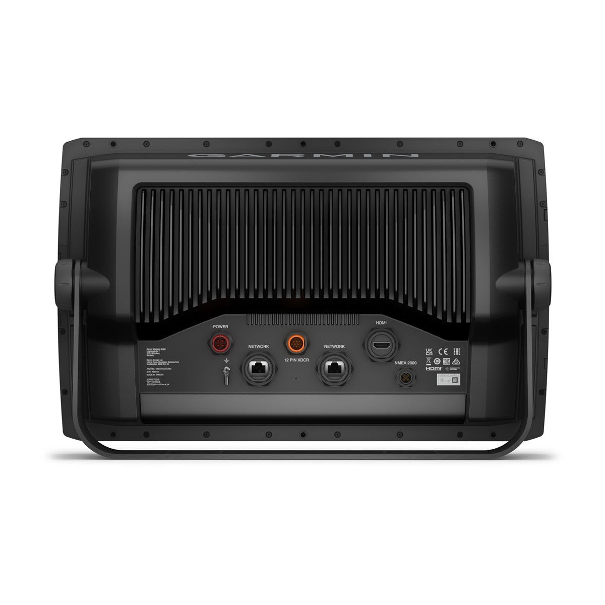 Garmin ECHOMAP Ultra 2 16-inch chartplotter rear panel with black body and red power port and network ports