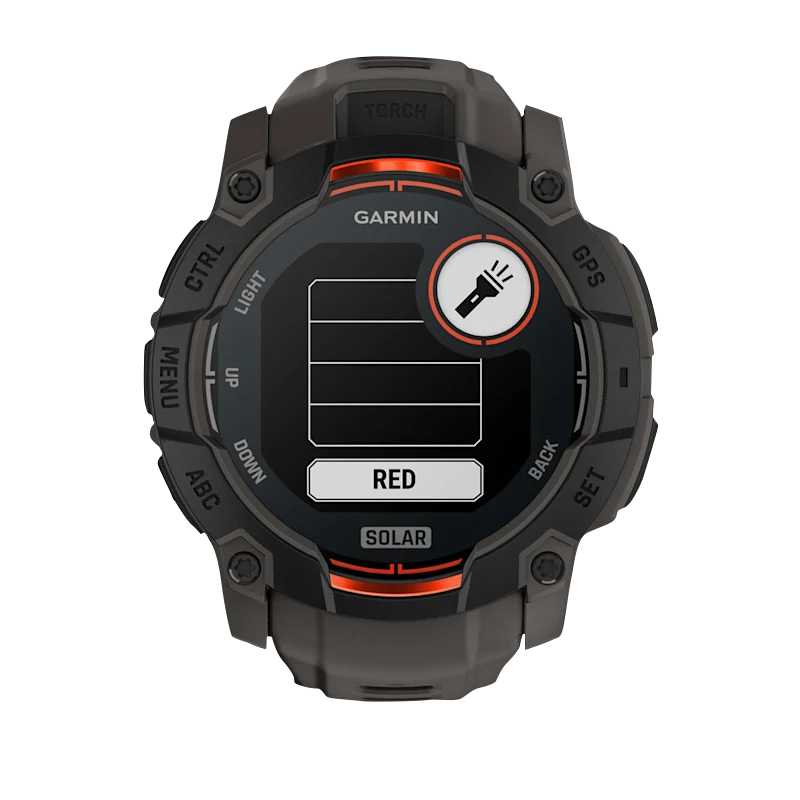 Garmin Instinct 3 Solar smartwatch with 50mm black case, charcoal band, rugged bezel, screws, GPS label and red accents