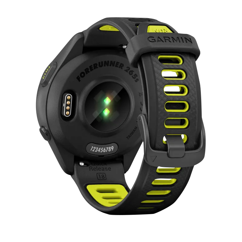 Garmin Forerunner 265S smartwatch, 42mm black bezel with black-yellow band, Garmin Certified Refurbished