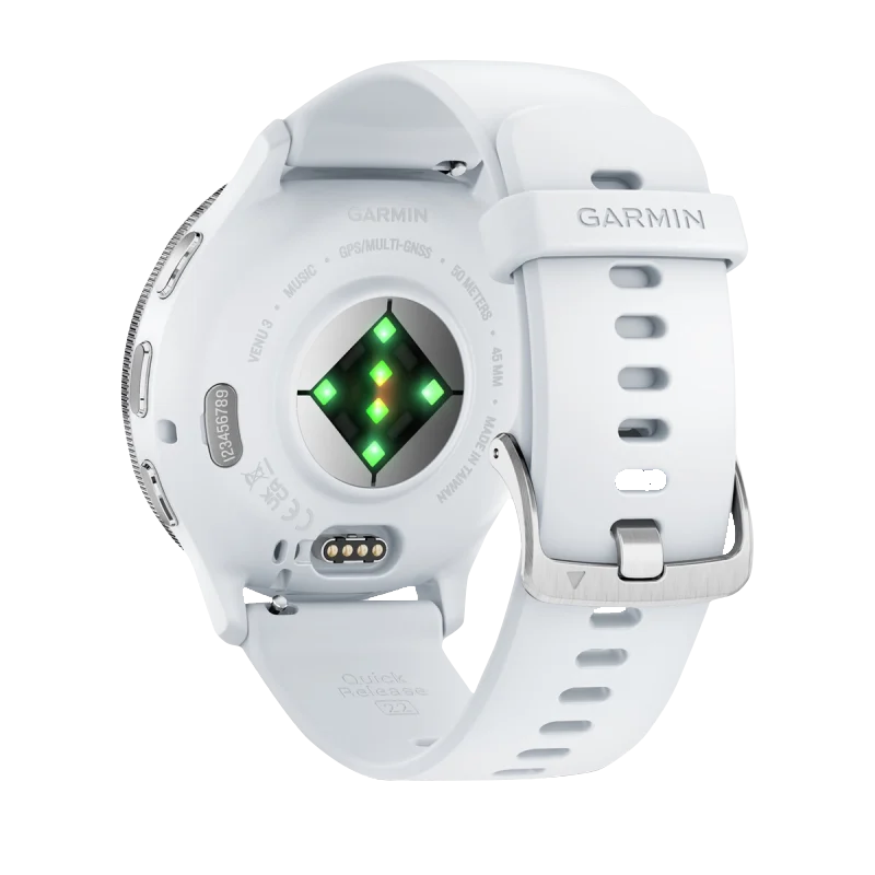 Garmin Venu 3 smartwatch with white silicone band and back-side sensors.