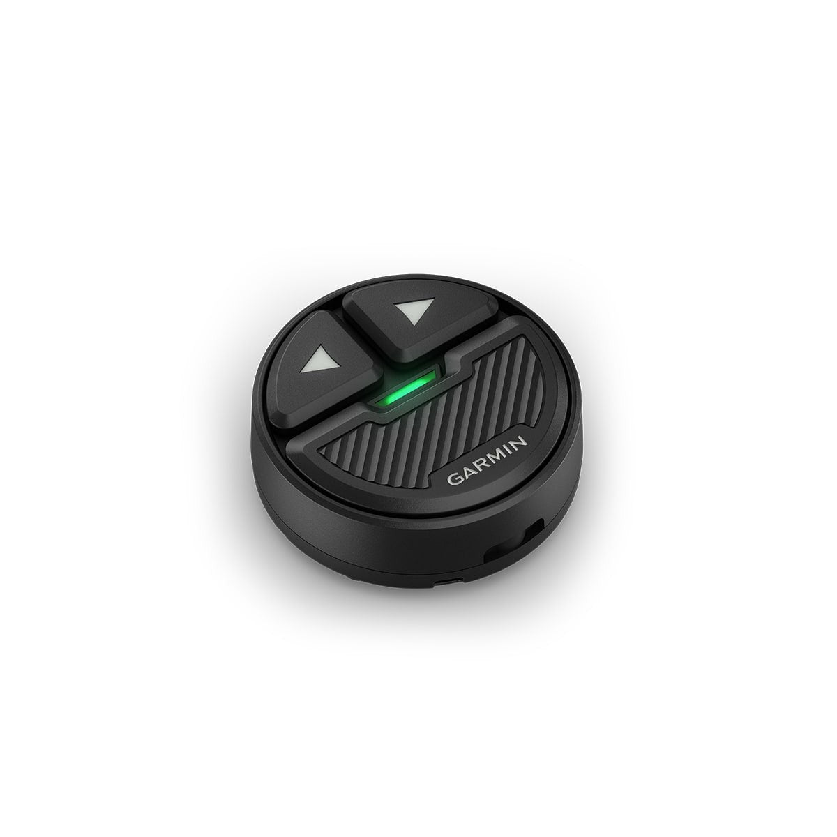 Garmin round remote control with two triangular buttons and green LED for marine fish finder systems