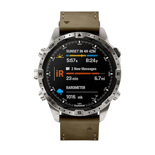 Garmin MARQ Adventurer Gen 2 Damascus Steel Edition modern tool watch with brown leather strap