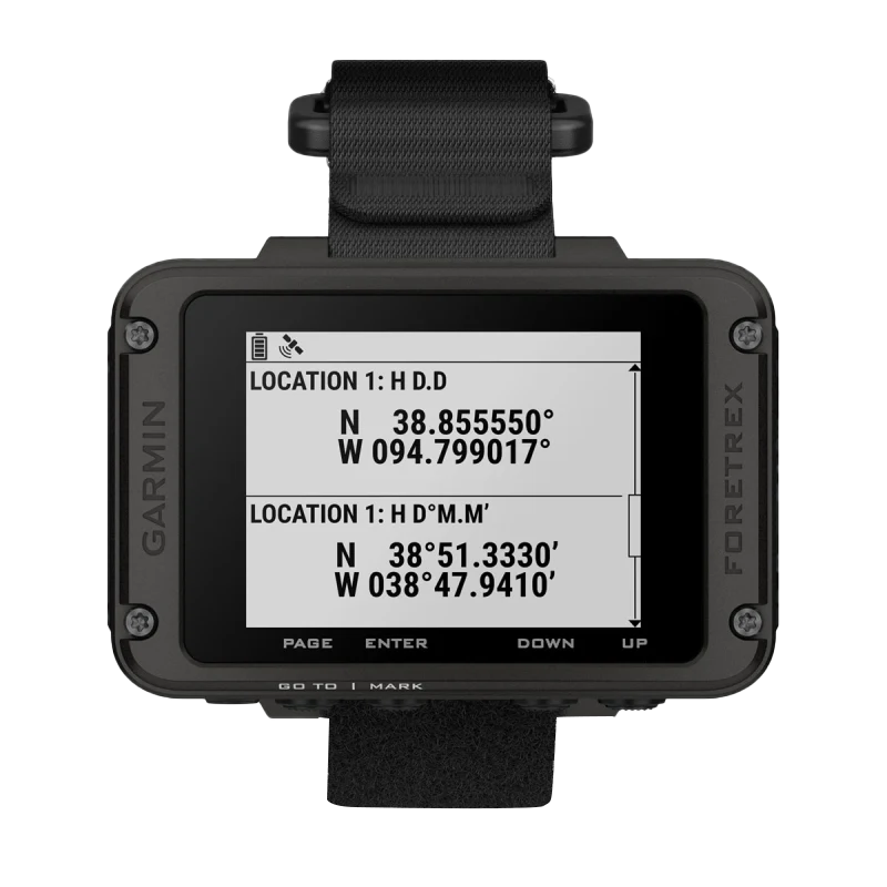 Garmin Foretrex 801 wrist GPS navigator with black strap displaying coordinates