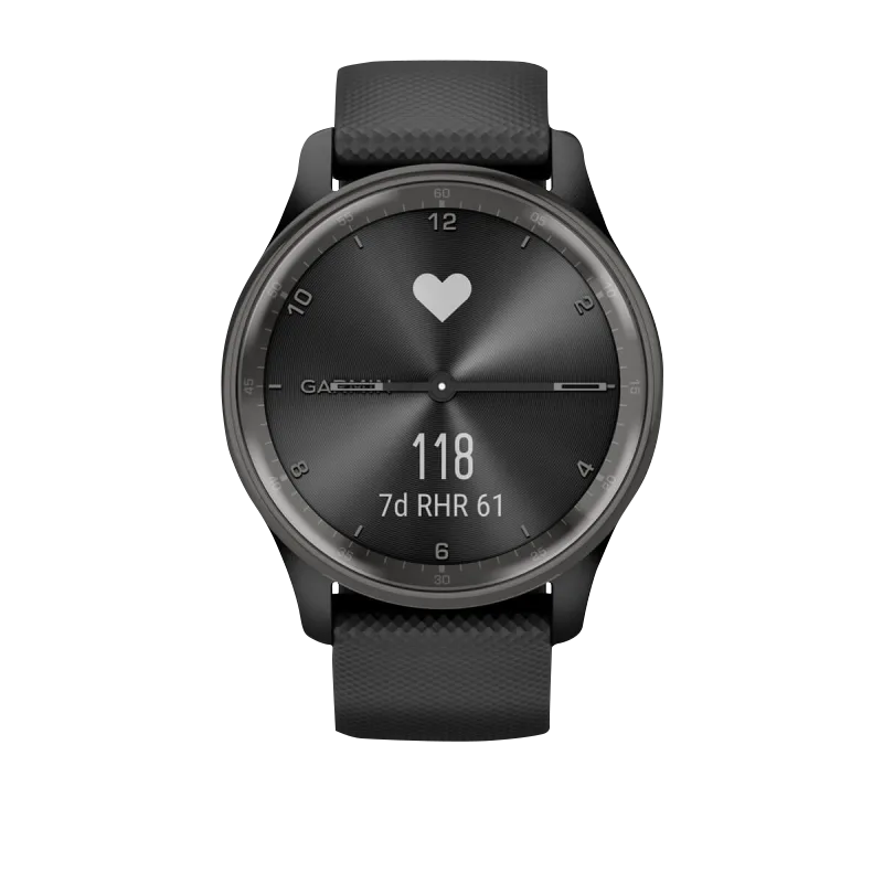Garmin Vívomove Trend slate smartwatch with stainless-steel bezel, black case and silicone band