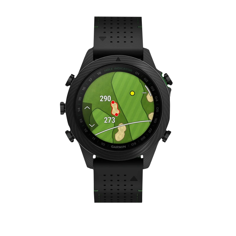Garmin MARQ Golfer Gen 2 Carbon Edition smartwatch with black perforated strap and green accents, golf course display.