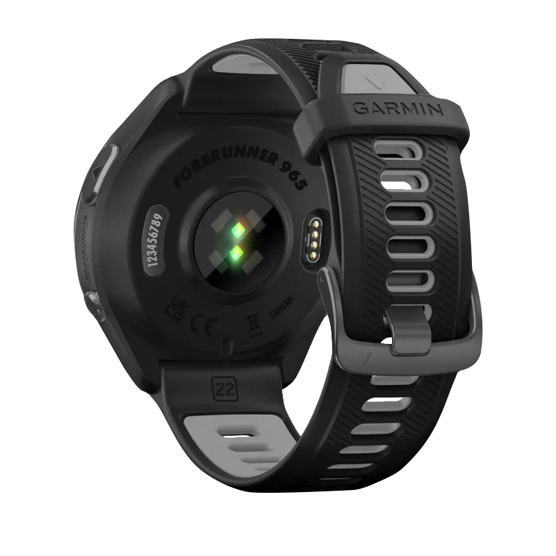 Garmin Forerunner 965 smart watch with carbon gray DLC titanium bezel and black/powder gray silicone band.