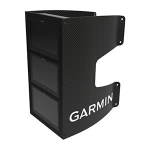 Carbon fiber mast bracket for Garmin fish finder mounts; black textured finish with GARMIN branding