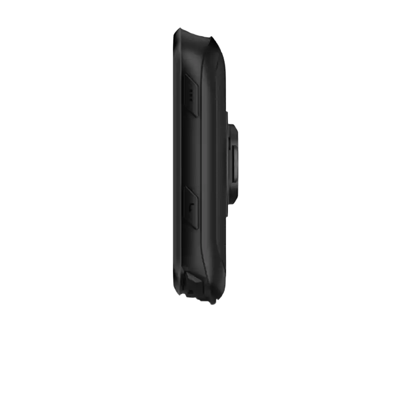 Garmin Edge 840 bicycle computer, device-only, black, side view with mounting clip