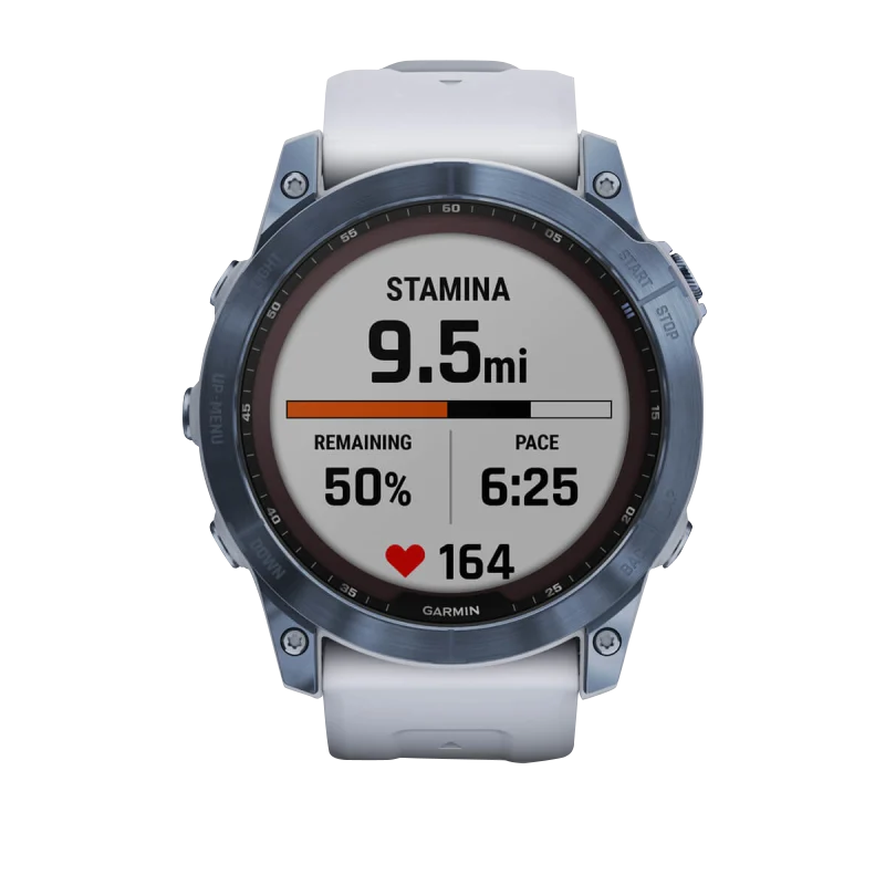 Garmin Fenix 7X Sapphire Solar smartwatch, Mineral Blue titanium with Whitestone band, Garmin Certified Refurbished.