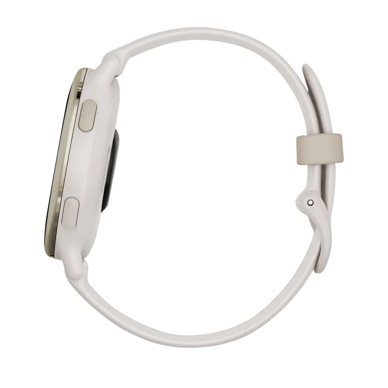 Garmin Vivoactive 5 smartwatch with cream-gold aluminum bezel and ivory silicone band.