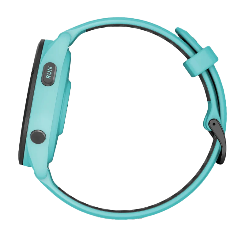 Garmin Forerunner 265 smartwatch, 46 mm black bezel with aqua case and aqua/black silicone band