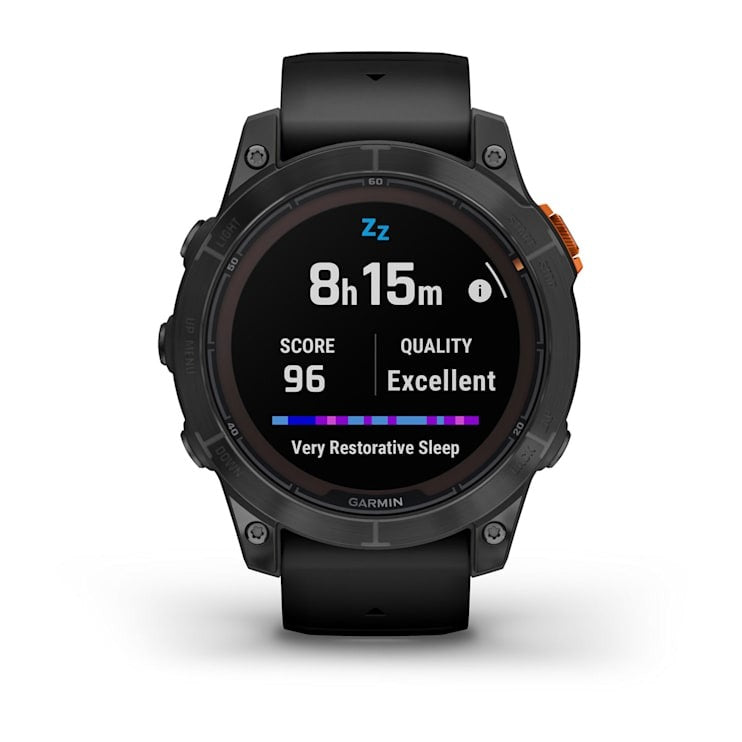 Garmin fēnix 7 Pro Solar Edition smartwatch, slate gray with black band, shows sleep score 96 and Very Restorative Sleep.