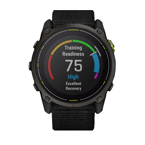 Garmin Enduro 3 Black GPS smartwatch with black fabric strap and round display showing Training Readiness 75