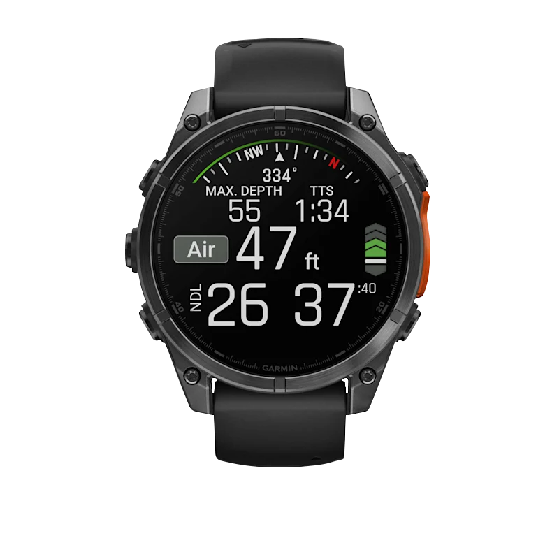 Garmin Fenix 8 smart watch with slate-gray body and black silicone band, 51 mm AMOLED display