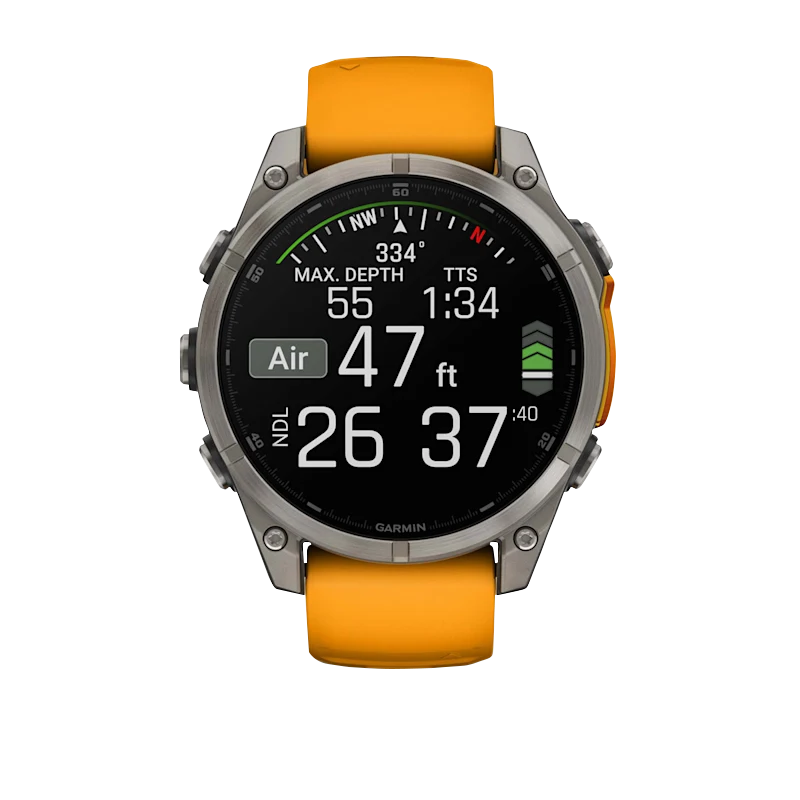 Garmin Fenix 8 smartwatch, 47 mm AMOLED Sapphire Titanium with Spark Orange silicone band