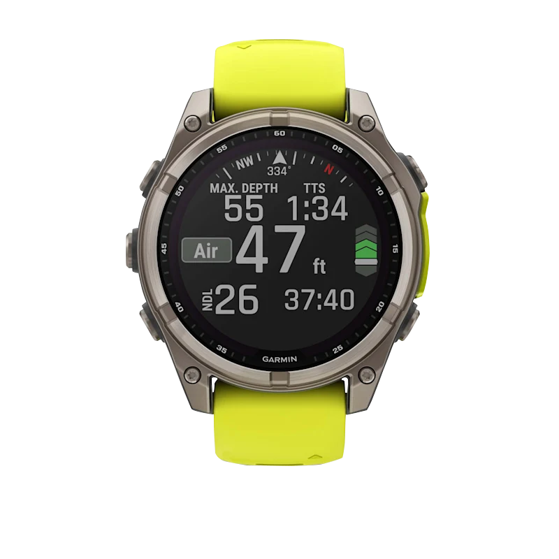 Garmin Fenix 8 smartwatch, 51mm Solar Sapphire titanium case with neon yellow silicone band
