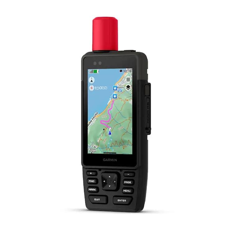 Garmin GPSMAP H1i Plus handheld marine GPS with red antenna cap, black rugged body, map display