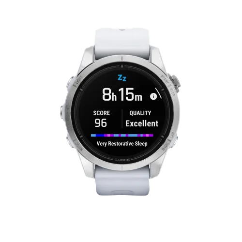 Garmin Epix Pro Gen 2 smartwatch, 42 mm silver case with Whitestone band, front view showcasing a round bezel.